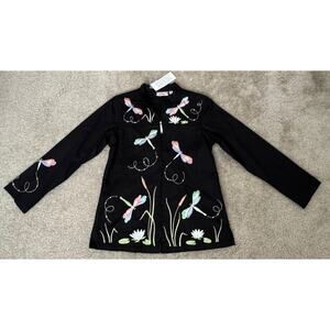Quaker Factory Women's Jacket Size XS Black Cotton Embroidered Dragonflies NWT